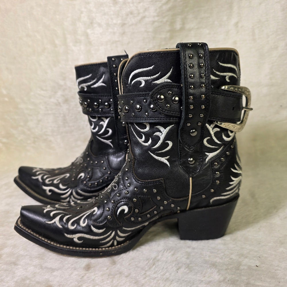 JB Dillon Reserve Cowboy Boots Ankle Western Black Studded Embroidered Women 7.5